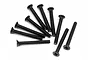 A collection of ten black metal countersunk head screws arranged in a fan pattern against a white background.