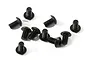A group of ten black metal button head screws scattered on a white background.