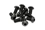 A small pile of ten black metal button head screws with hexagonal drive sockets.