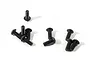 A collection of black metal button head screws scattered on a white background.