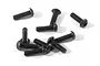 A collection of ten black metal button head screws scattered on a white background.