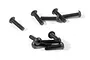 A collection of ten black metal button head screws with fine threads scattered on a white background.