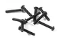 A pile of black button head machine screws with hex drive sockets, scattered on a white background.