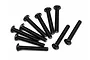 A set of ten black button head screws with hex drive sockets arranged on a white background.