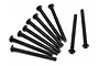 A set of ten black metal button head screws with fine threading arranged on a white background.