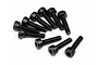 A group of ten black metal cap head screws with hex sockets, arranged on a white background.