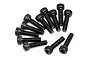 A collection of twelve black metal cap head screws arranged on a white background.