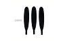 Three black propeller blades and six small silver screws arranged on a white background.