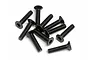 A pile of ten black metal countersunk head screws with hexagonal drive sockets, isolated on a white background.