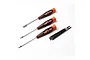 Dynamite 1/24 scale RC tool set including three screwdrivers with black and orange handles and a metal turnbuckle wrench on a white background.