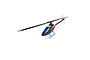 Blade Fusion 550 RC helicopter kit featuring a blue, red, and white canopy with carbon fiber main rotor blades against a white background.