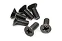 A group of six black metal countersunk screws with Phillips heads arranged on a white background.
