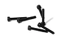 A group of six black metal cap head screws arranged on a white background.