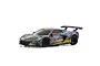 A studio shot of a Kyosho Mini-Z Chevrolet Corvette C8.R pre-painted body shell in gunmetal grey with yellow racing stripes and number 4 decals.