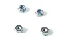 Four small silver metal nyloc nuts arranged on a white background.
