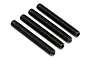 Four black metal grub screws with fine threading arranged diagonally on a white background.