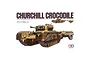 Box art for Tamiya 1/35 scale British Churchill Crocodile tank model kit, showing an illustration of the tank with its fuel trailer against a white background.