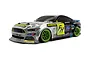 HPI 1/10 scale Ford Mustang RTR drift car body shell in silver and black with neon green wheels and sponsor decals.