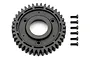 A black 39-tooth transmission gear and six small black machine screws on a white background.
