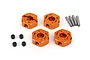 Four orange anodized aluminium 12mm wheel hexes with four steel pins and four black grub screws on a white background.
