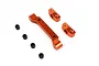 HPI Racing orange anodized aluminium front hinge pin brace set with four small black rubber bushings on a white background.