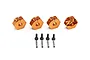Four orange anodized aluminium 12mm wheel hexes with matching screws and pins on a white background.