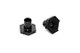 Two black aluminium wheel hex hubs for RC cars, shown from different angles against a white background.