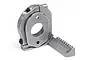 A silver-coloured metal motor mount for an HPI RS4 Sport 3 RC car, featuring a circular adjustable mount and a gear-mesh adjustment arm.