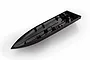 A black plastic RC boat hull bottom spare part shown from an elevated angle against a white background.