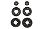A set of six black plastic RC differential gears including two small pinion gears and four larger ring gears arranged on a white background.