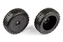 Two Team Associated 1/14 scale narrow mini pin front tyres pre-glued onto black dish rims, shown from front and rear angles.