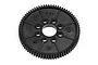 A black 75T spur gear for an HPI RC car, shown from a top-down angle against a white background.
