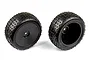 Two black RC buggy wheels with mini-pin tread patterns, shown from front and rear angles against a white background.