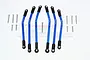 A set of six blue anodized aluminium suspension links with black rod ends and various silver screws, arranged on a white background.