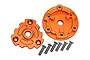 GPM Racing orange anodised aluminium cush drive housing components with six mounting screws on a white background.