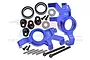 GPM Racing blue aluminium oversized steering hubs set for RC cars, including bearings, screws, and pins.