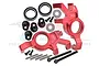 GPM Racing red anodized aluminium oversized steering hubs for RC cars, including bearings, screws, and pins.