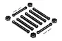HPI Racing RS4 Sport 3 linkage set including various black plastic suspension links, small metal pins, and plastic hex nuts on a white background.