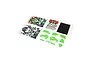 Losi green plastic body panels and decal sheets for an RC motorcycle, laid out on a white background.