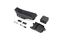 Losi RC motorcycle seat and battery box spare parts set including plastic housing, foam block, and small hardware components on a white background.