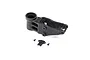 Black plastic Losi front bulkhead spare part for an RC motorcycle, shown with a small cover plate and two screws on a white background.