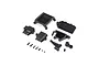 A set of black plastic electronic mounting components and small metal screws for a Losi RC motorcycle, arranged on a white background.