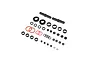 A collection of various small black plastic spacers, metal shafts, rubber O-rings, and tiny hardware components for an RC motorcycle fork rebuild kit.