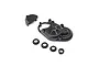 Losi transmission housing parts including a main cover, a small cap, and four black plastic bushings on a white background.