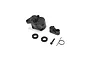 Losi front brake caliper assembly parts including the main caliper housing, a small lever arm, two foam washers, a screw, and a torsion spring.