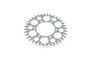 A silver metal RC motorcycle chain sprocket with multiple circular cutouts for weight reduction.