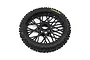 A black Losi 1/4 scale ProMoto-MX front motorcycle tyre mounted on a black spoked rim with yellow Dunlop branding on the sidewall.