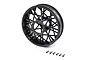 A black Losi 1/4 scale motorcycle rear rim with a complex spoke design, accompanied by six small black hex screws on a white background.