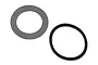 A grey flat gasket and a black rubber O-ring seal for Losi RC motorcycle triple clamp.