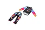 A miniature FXR branded motocross jersey and pants set for an RC motorcycle rider figure, featuring a black, blue, pink, and orange gradient design.